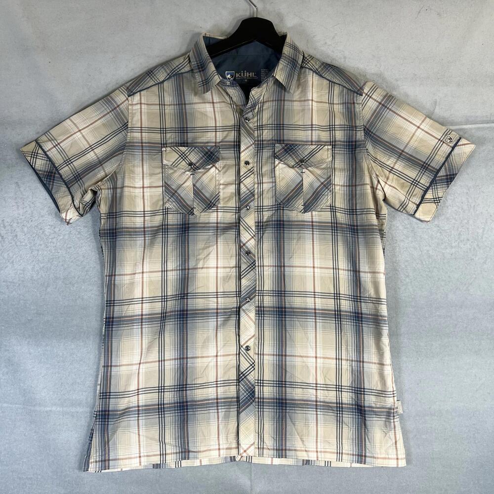 Kuhl Eluxur Pearl Snap Shirt Mens Medium Beige Blue Plaid Short Sleeve Button Up